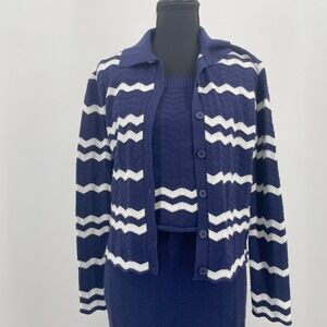 Solitaire Anthropologie 3 Pc Knit Set Cardigan Tank Maxi Skirt Navy White Size M